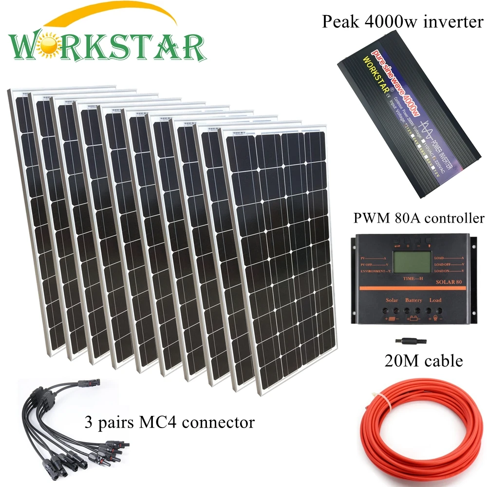 10*100W Glass Solar Panels with 80A Controller and 4000W Inverter Complete 1000W Off Grid solar System Kit 20 Years Lifetime | Электроника