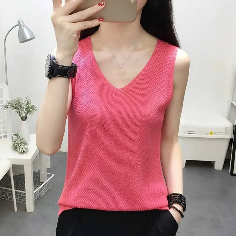 Women Fashion V Neck Shirts Women's Knitted Loose Tank Top Sleeveless Fitting Female Tee Tops |