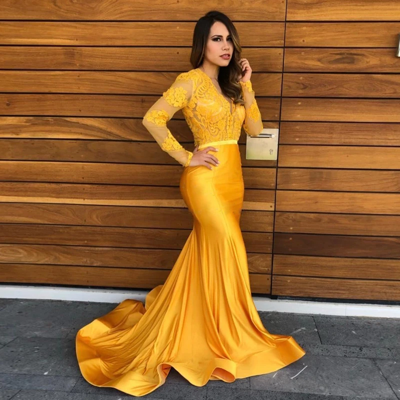 Gold Open Back Mermaid Evening Dresses V Neck Full Sleeve Appliques Satin Formal Gown Sweep Train Evening Wears
Gold Open Back Mermaid Evening Dresses V Neck Full Sleeve Appliques Satin Formal Gown Sweep Train Evening Wears