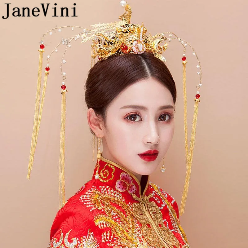 JaneVini Chinese Style Tassel Hair Pin Gold Phoenix Pearls Bridal Crown Traditional Wedding Headpieces Earrings Bride Headband
JaneVini Chinese Style Tassel Hair Pin Gold Phoenix Pearls Bridal Crown Traditional Wedding Headpieces Earrings Bride Headband