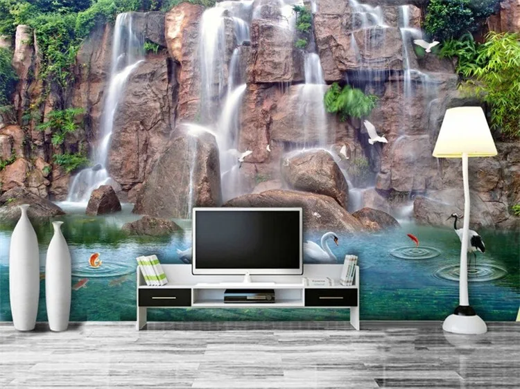 

Green forest woods bridge water river waterfall living room bedroom TV background wall paper 3D mural wallpaper