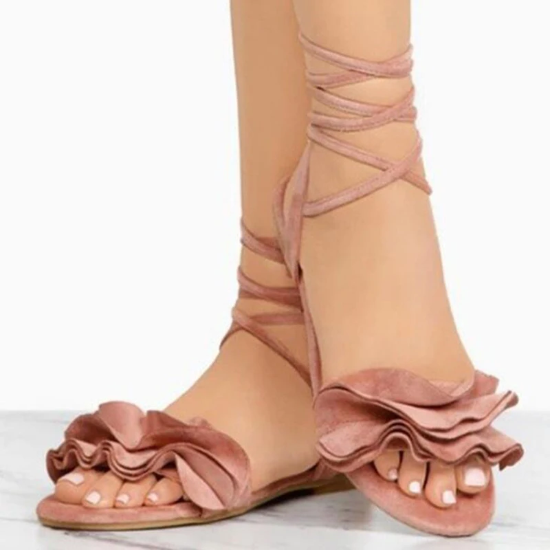 Босоножки женские летние на плоской подошве модные сандалии из флока Цветочный
