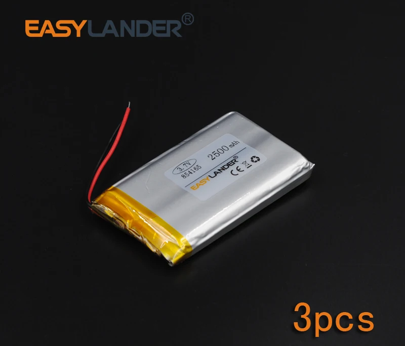 3pcs/Lot 3.7V 2500mAh 854165 Rechargeable li Polymer Li-ion Battery For mouse recorder speaker RC Tachograph headephone Remote
3pcs/Lot 3.7V 2500mAh 854165 Rechargeable li Polymer Li-ion Battery For mouse recorder speaker RC Tachograph headephone Remote