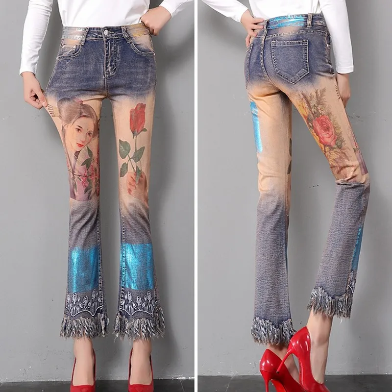 2019 new Summer Autumn Cartoon Graffiti Print Denim Women Jeans Trousers Ripped Holes flare Pants Young Ladies Trousers
2019 new Summer Autumn Cartoon Graffiti Print Denim Women Jeans Trousers Ripped Holes flare Pants Young Ladies Trousers