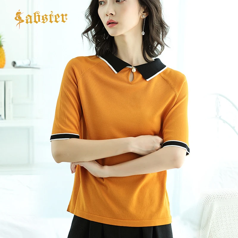 2019 Elegant Fashion Double-sided Wearable Doll Collar Knitwear Short Sleeve Casual T shirt For Women Solid T-shirt kz655
2019 Elegant Fashion Double-sided Wearable Doll Collar Knitwear Short Sleeve Casual T shirt For Women Solid T-shirt kz655