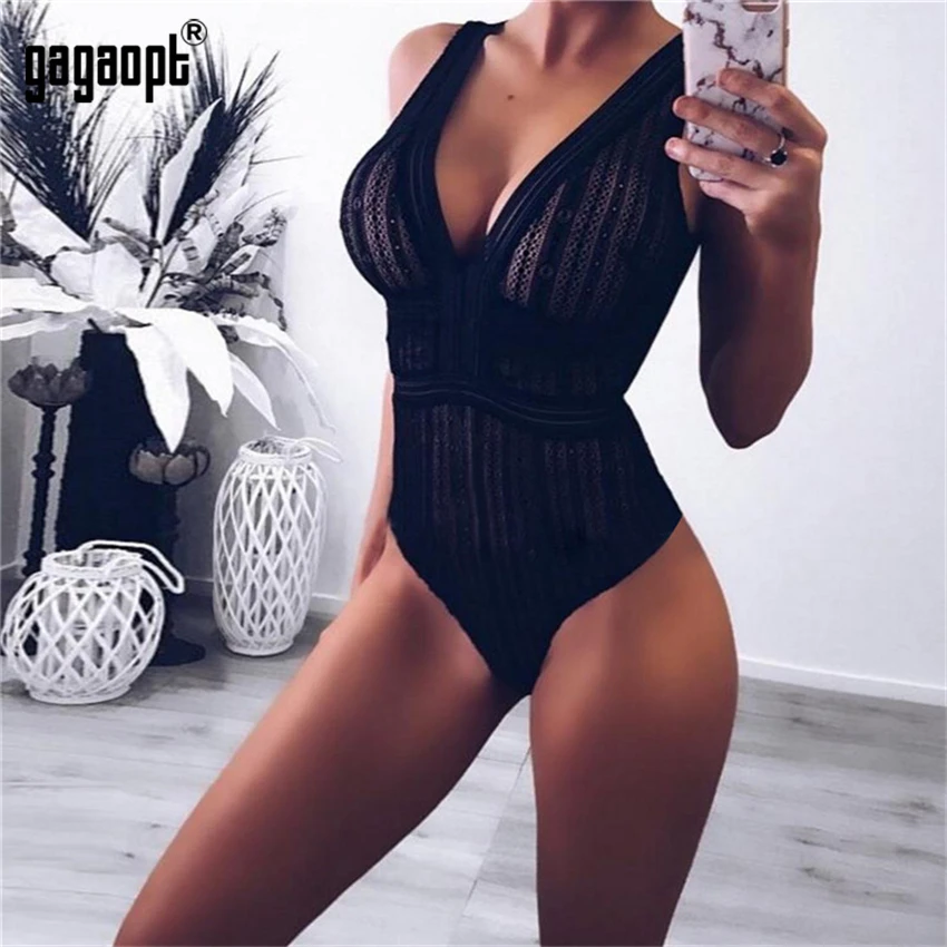 Женский кружевной комбинезон Gagaopt белый/черный облегающий боди с открытой спинкой и сеточкой|Боди| |