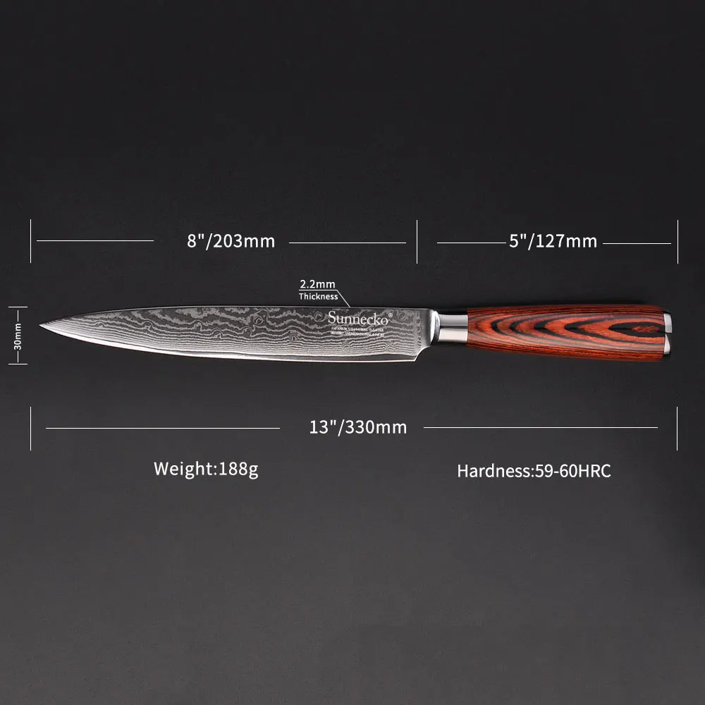 SUNNECKO 8'' inch Slicing Knife Kitchen Chef Knives Japanese Damascus VG10 Steel Pakka Wood Handle Sharp Blade Cutting Tools
SUNNECKO 8'' inch Slicing Knife Kitchen Chef Knives Japanese Damascus VG10 Steel Pakka Wood Handle Sharp Blade Cutting Tools