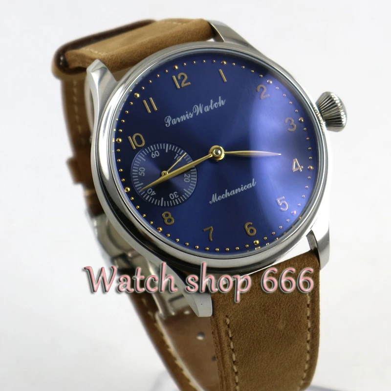 44mm parnis Blue dial Leather Strap deloyment buckle 6497 movement hand winding Mechanical Watches
44mm parnis Blue dial Leather Strap deloyment buckle 6497 movement hand winding Mechanical Watches