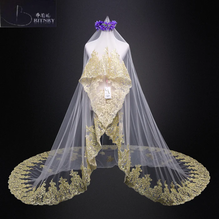 Fashion Bridal Veil Gold Lace Edge Appliques Long Train Wedding Veil voile de mariee
Fashion Bridal Veil Gold Lace Edge Appliques Long Train Wedding Veil voile de mariee