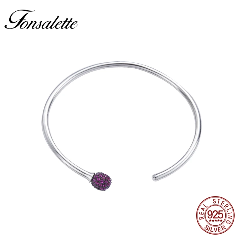 Simple Open Bangle with Pave Caps S925 Sterling Silver Bracelet Red Zircon Jewelry Gift zk40 | Украшения и аксессуары
