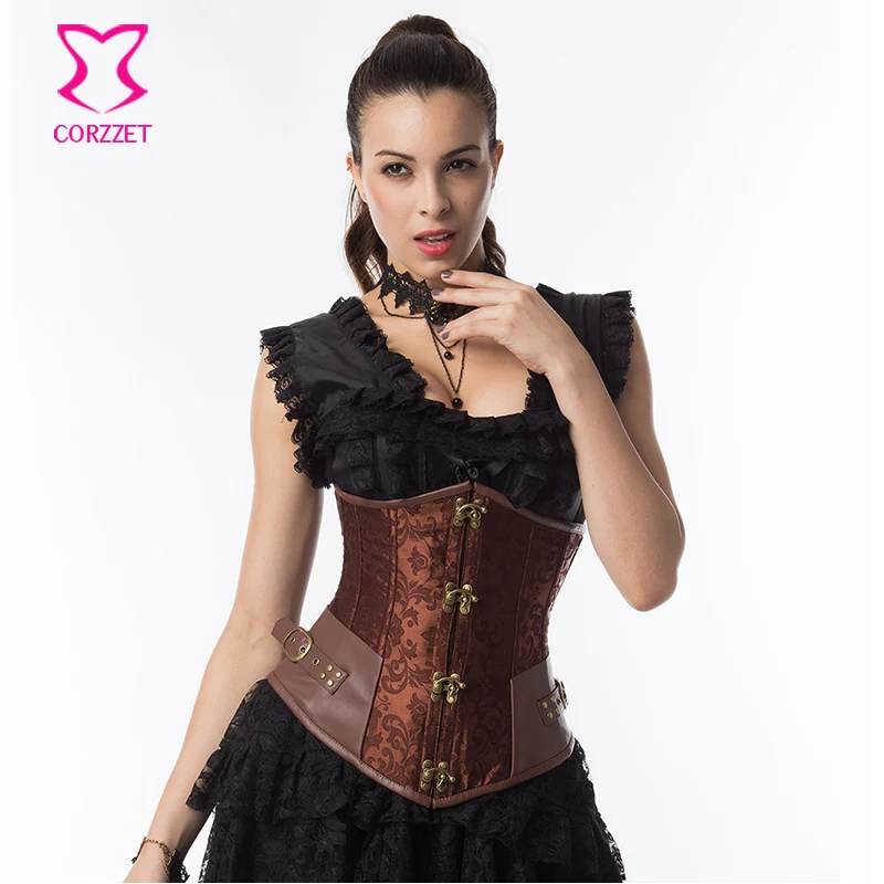 

Brown Steel Boned Underbust Corset Waist Cincher Corsets And Bustiers Steampunk Gothic Clothing Burlesque Sexy Korsett For Women