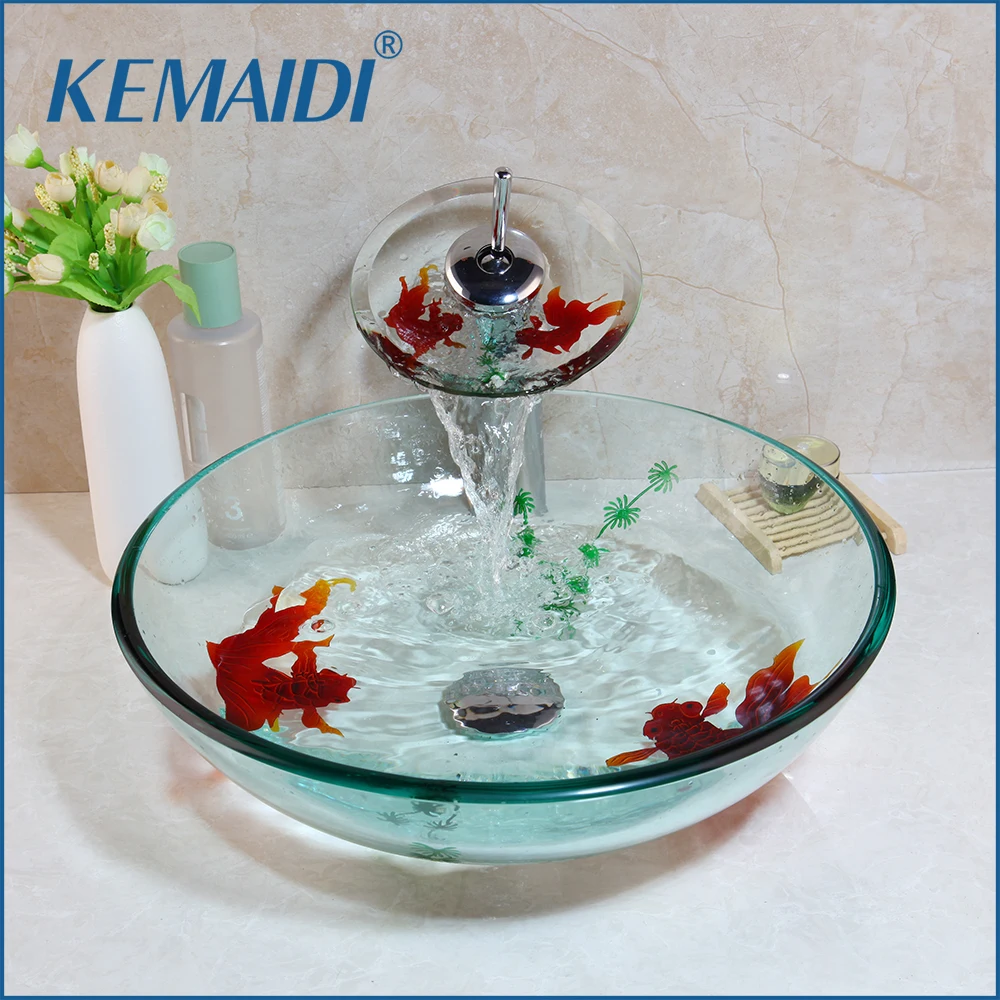 

KEMAIDI Tempered Glass Hand Painted Waterfall Spout Basin Black Tap Bathroom Sink Washbasin Bath Brass Set Faucet Mixer Taps