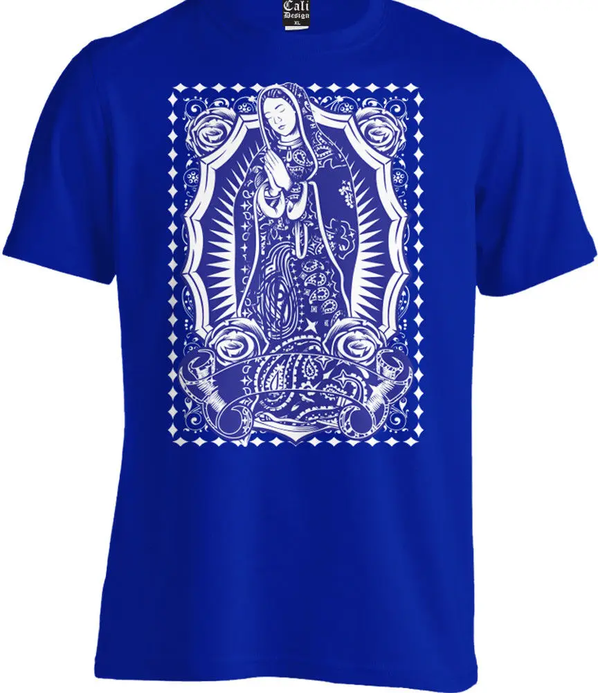 Голубая футболка с принтом Девы Марии мексиканская Cholo Chicano Tattoo LA Art крутая