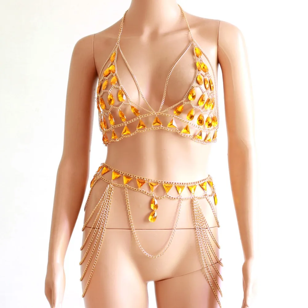 Bling Novelty Sexy Women's Beading Chain Bra Tanks Ladies Hollow Out Club Party Wear Crystal Mini Skirt Belly Bling Tops Sets
Bling Novelty Sexy Women's Beading Chain Bra Tanks Ladies Hollow Out Club Party Wear Crystal Mini Skirt Belly Bling Tops Sets
