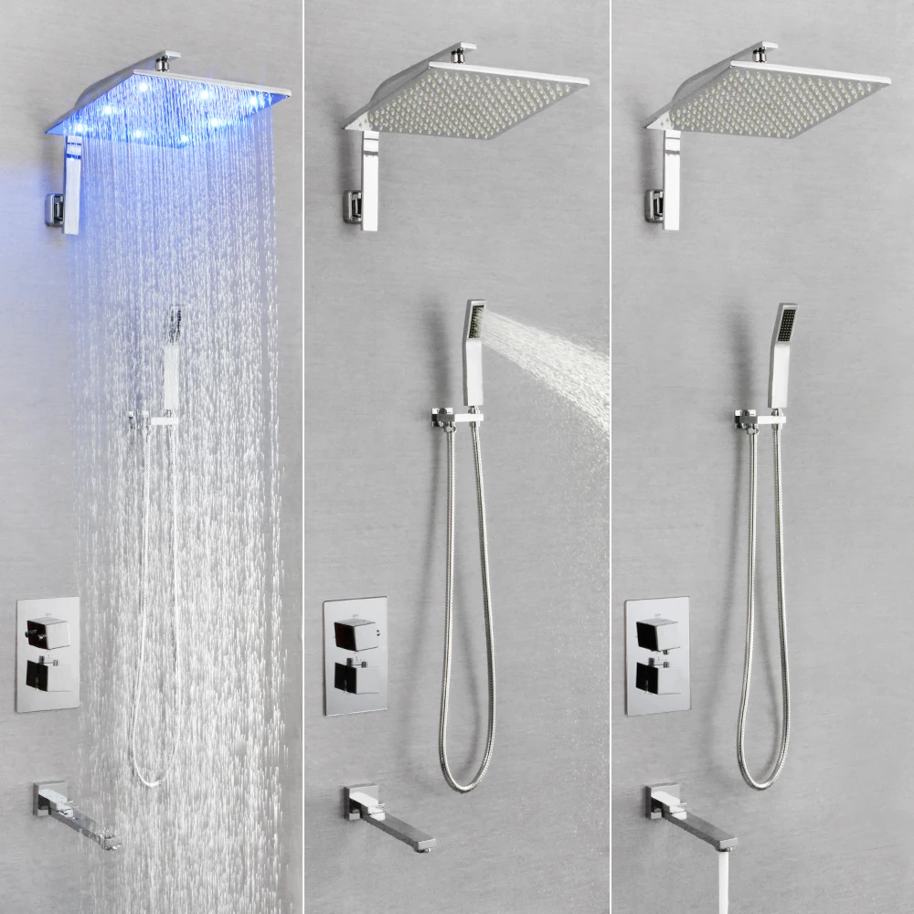 

SKOWLL Rain Shower Faucet Wall Mount Handheld Shower Fixtures LED Shower Combo Set Tub Spout Shower System, Chrome SK-7628