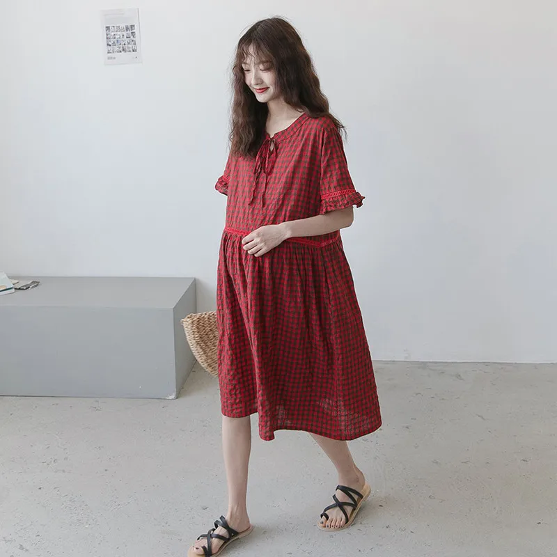

Summer New Expectant Mother Maternity Short Sleeve Plaid Dresses Pregnancy Round neck Lace Ruffle Dresse Pregnant women Clothes