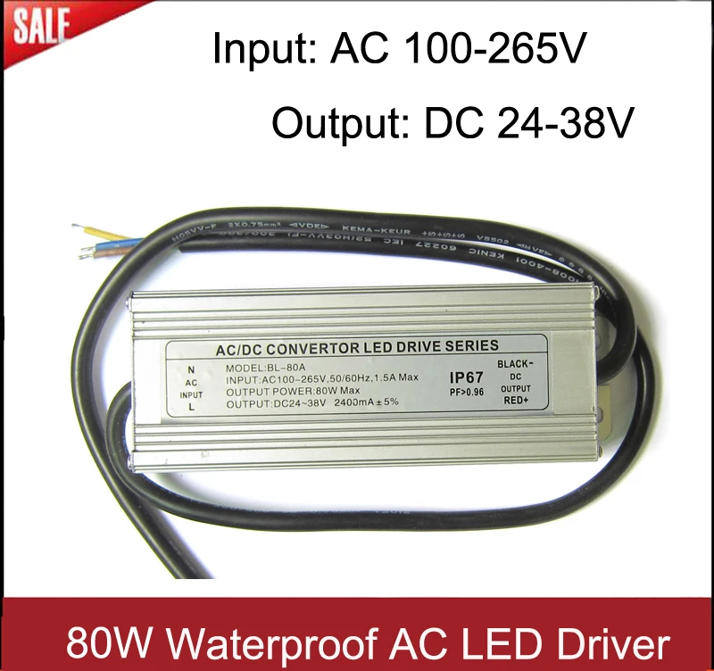 1pcs High Power 80W Waterproof AC100-265V DC 24-38V LED Driver Output 2400mA Lighting Transformers Switch For LED Lights Beads
1pcs High Power 80W Waterproof AC100-265V DC 24-38V LED Driver Output 2400mA Lighting Transformers Switch For LED Lights Beads