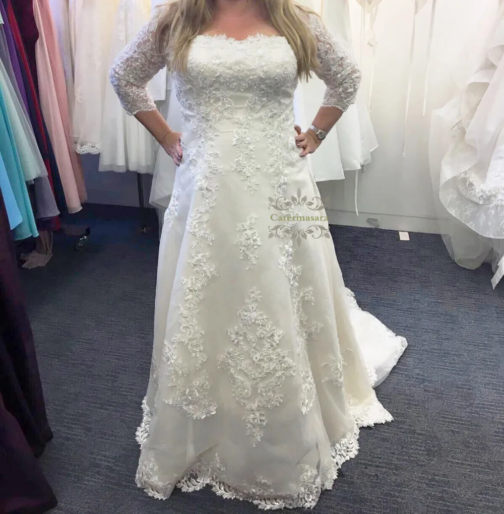 3/4 Sleeves Lace Wedding Dress A-Line Appliques Tulle Bridal Dresses Sheer Back Sweep Train Plus Size Wedding Gowns
3/4 Sleeves Lace Wedding Dress A-Line Appliques Tulle Bridal Dresses Sheer Back Sweep Train Plus Size Wedding Gowns