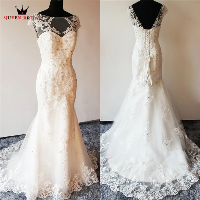 Женское свадебное платье с юбкой годе кружевное бисером и кристаллами модель LR15