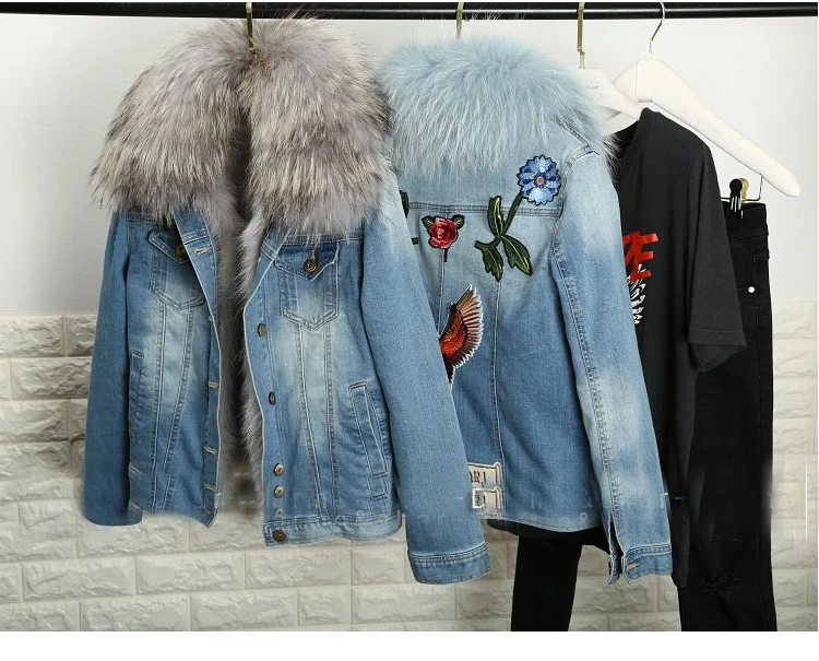 2016 Для женщин утолщаются натуральный мех енота Мех животных Lined Denim Джинсы с