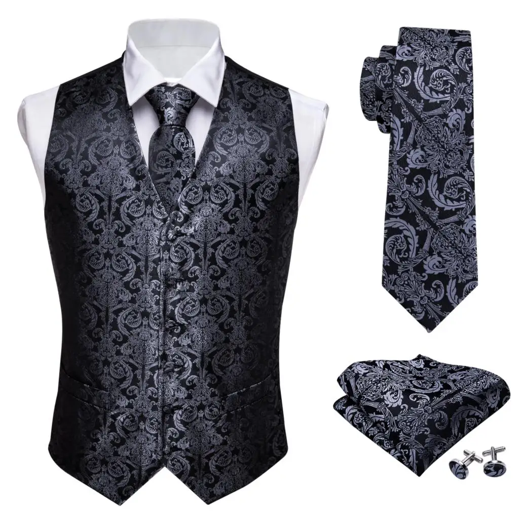 

Designer Mens Classic Black Paisley Jacquard Folral Silk Waistcoat Vests Handkerchief Tie Vest Suit Pocket Square Set Barry.Wang