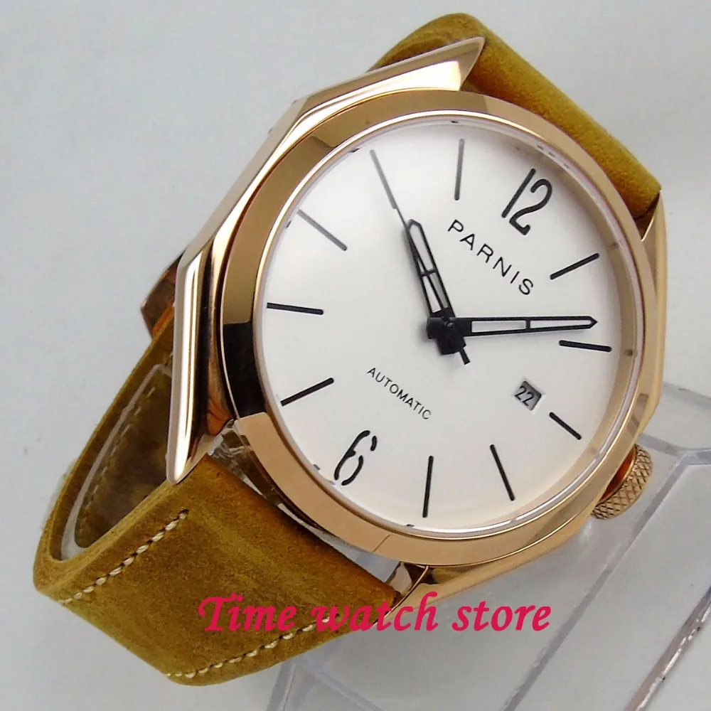 PARNIS 43MM gold mechanical auto watch men waterproof leather bracelet stainless steel white dial date sapphire MIYOTA wrist
PARNIS 43MM gold mechanical auto watch men waterproof leather bracelet stainless steel white dial date sapphire MIYOTA wrist