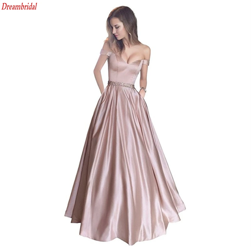 Dreambridal плеча из бисера атласная вечернее платье для выпускного вечера с карманом