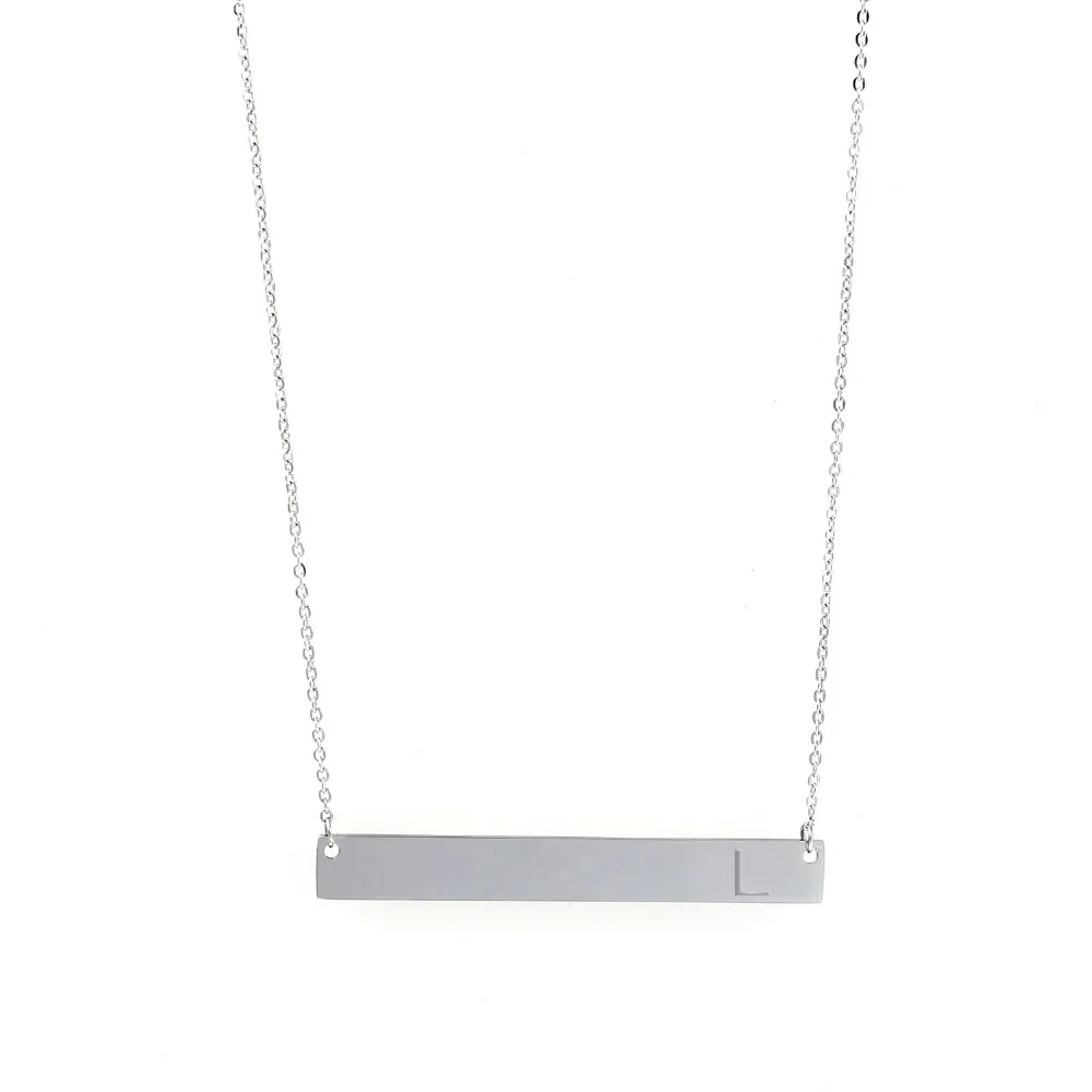 Silver Plated Horizontal Bar Stainless Steel 40cm Chain Necklace with Hand-stamped Personalization Initial Letter Pendant 1pcs | Украшения