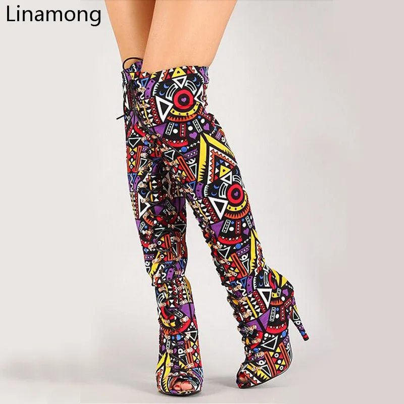 2022 Elegant Multicolor Mixed Color Tribal Lace-Up Peep Toe Thigh High Boot High Heel Gladiator Boots Women Long Boots Sandals
2022 Elegant Multicolor Mixed Color Tribal Lace-Up Peep Toe Thigh High Boot High Heel Gladiator Boots Women Long Boots Sandals