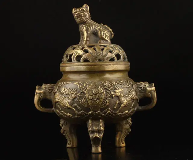 

Exquisite Chinese Collection Old Copper Handwork Dragon Lion Statue Incense Burner