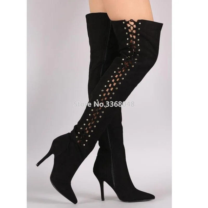 New Winter Flock Sexy Pointed Toe Cross-tied Zipper Woman Gray Black Rivets Boots Thigh Heel Thin Heels Fringed Long Boots
New Winter Flock Sexy Pointed Toe Cross-tied Zipper Woman Gray Black Rivets Boots Thigh Heel Thin Heels Fringed Long Boots