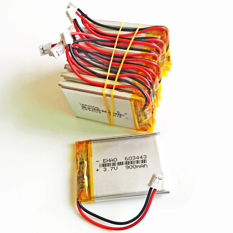 10 pcs 3.7V 900mAh battery with JST 2.0mm 2pin connector Lithium Polymer LiPo Rechargeable 603443 cells For Mp3 GPS PSP Speaker
10 pcs 3.7V 900mAh battery with JST 2.0mm 2pin connector Lithium Polymer LiPo Rechargeable 603443 cells For Mp3 GPS PSP Speaker