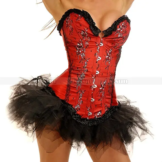 

Red Lace Overlay Sweetheart Corset Outerwear Lace Up Bustier Sexy Lingerie + Black TuTu Skirt S M L XL 2XL