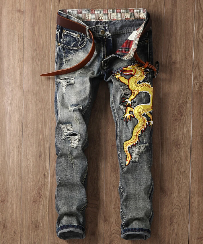 Spring and Autumn European design Jeans Men Dragon Embroidery Slim Straight Pants Hole Gray
Spring and Autumn European design Jeans Men Dragon Embroidery Slim Straight Pants Hole Gray