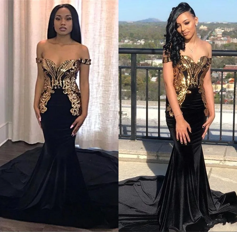 Off The Shoulder Mermaid Black Prom Dresses Gold Applique Sequin Prom Party Gown Black Girls Formal Party Evening Gowns
Off The Shoulder Mermaid Black Prom Dresses Gold Applique Sequin Prom Party Gown Black Girls Formal Party Evening Gowns