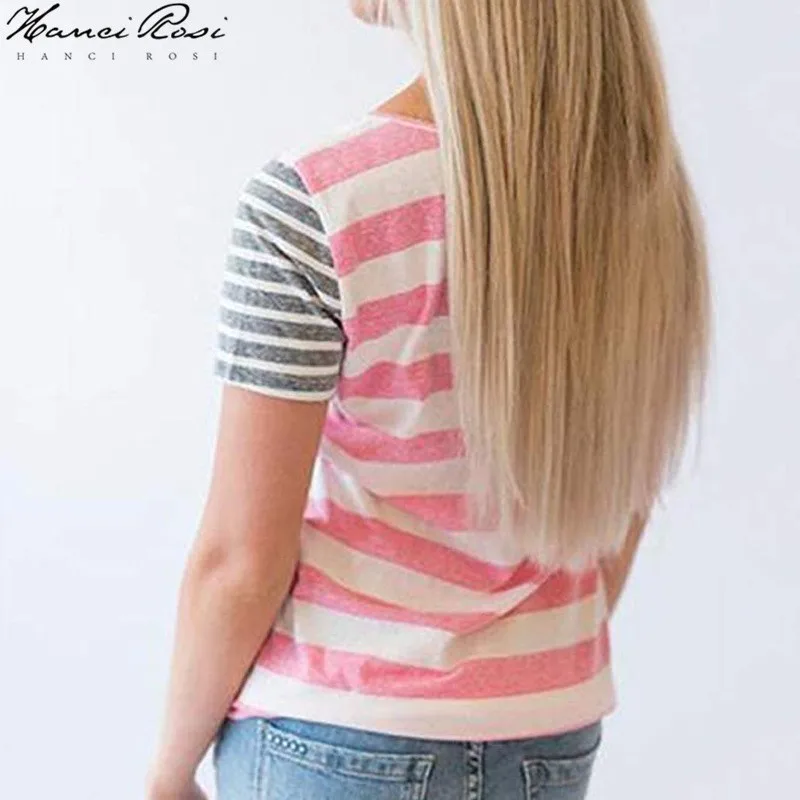 HANCI ROSI Vogue T Shirt Women Tee Femme Tshirt 2019 Summer T-shirt Tops Striped Patch Work Casual Streetwear | Женская одежда