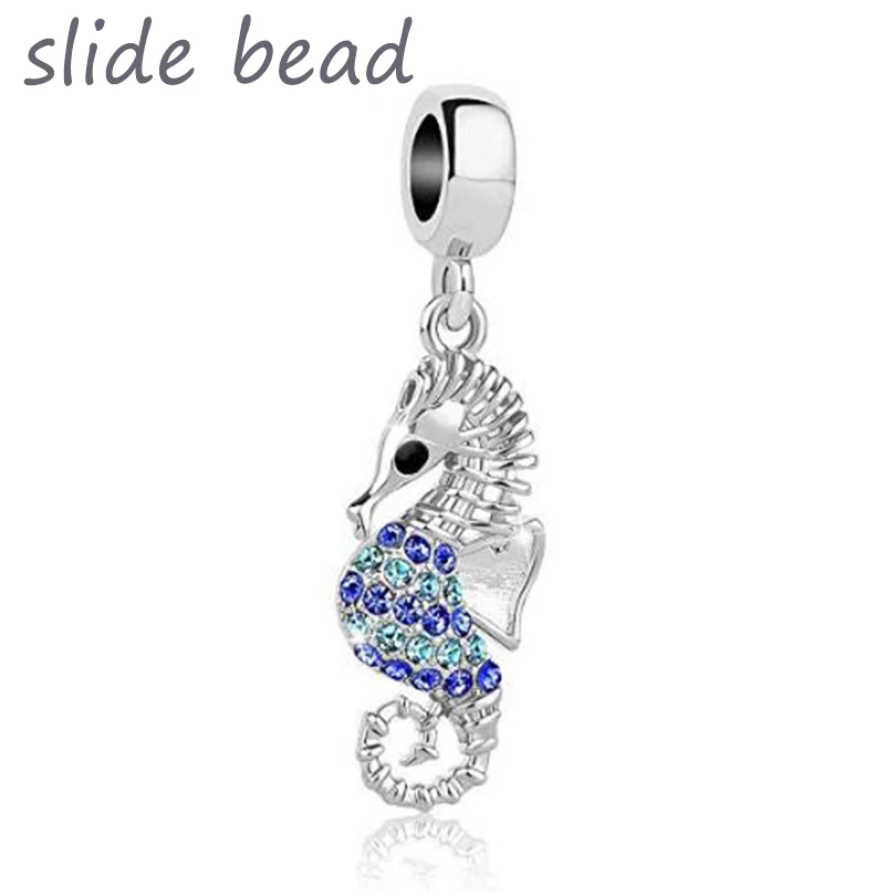 

2022 New Cute Blue Crystal Seahorse Pendant Charm Bead Fit Authentic Pandora Bracelets Jewelry Making Diy Valentines Bifts