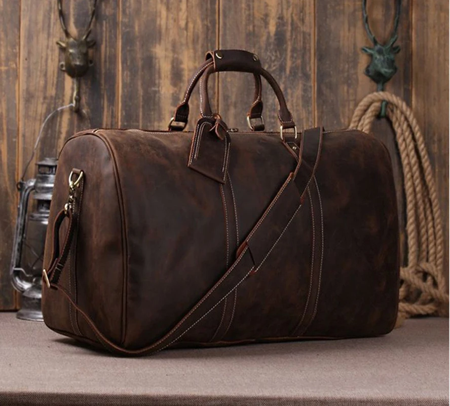 

Boston Crazy Horse Leather Men Travel Bags Luggage Travel Bag Large Genuine leather Duffle Bag Men Weekend Big Shoulder Bag