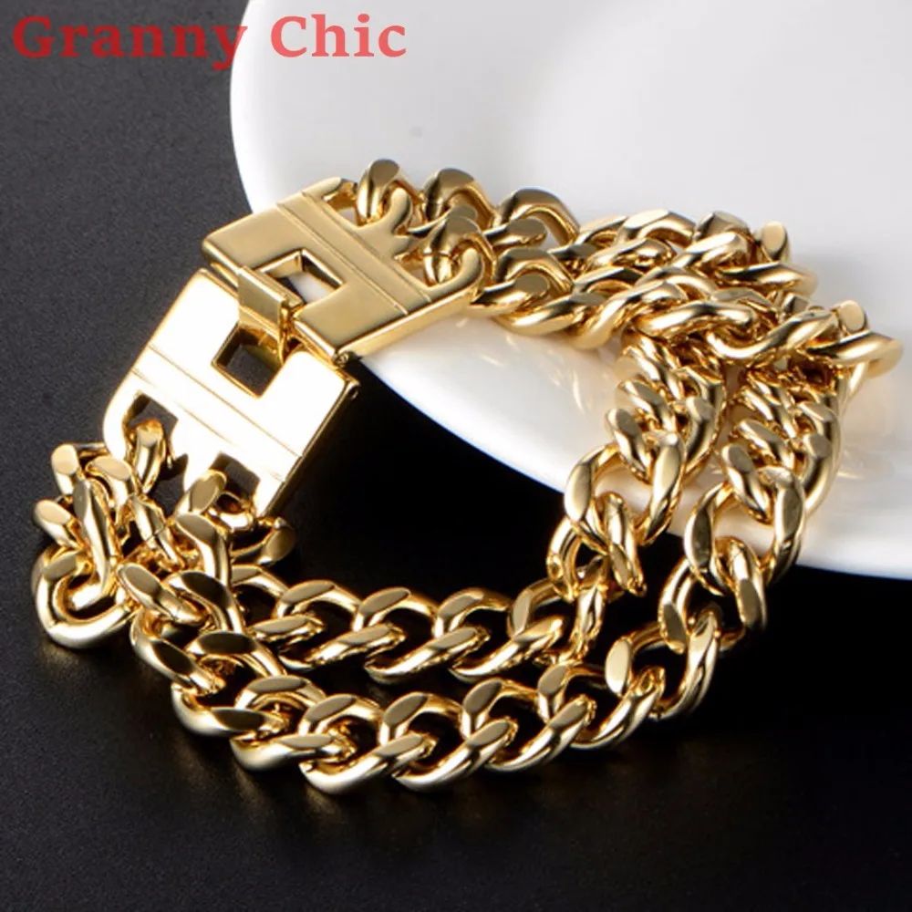 Granny Chic 9" 23cm New Charming Gold Color Link Chain Bracelets Stainless Steel Double Curb Cuban Mens Women Bracelet Wholesale |