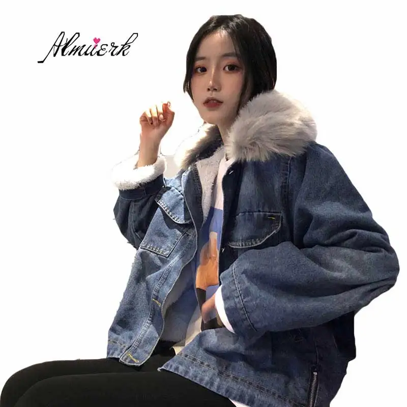 Autumn winter women's 2018 new Korean loose Thickening Fur collar denim jacket short paragraph Imitation lamb hair outwear Z039 | Женская