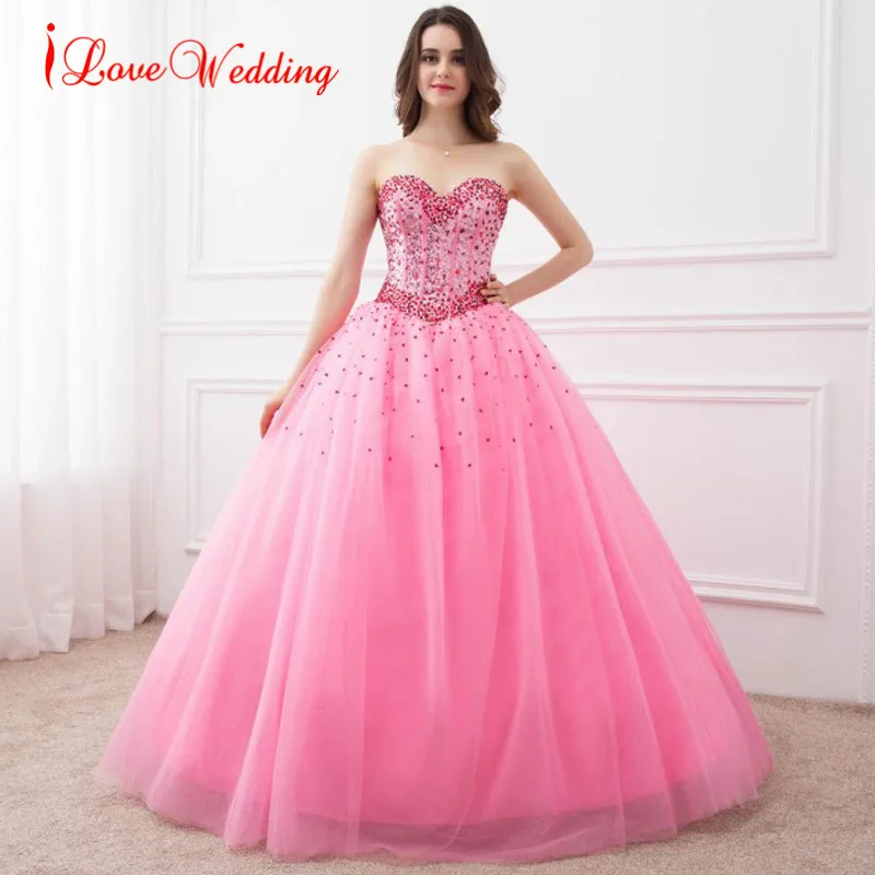 Бальное платье Quinceanera милое розовое для выпусквечерние вечера с кристаллами и