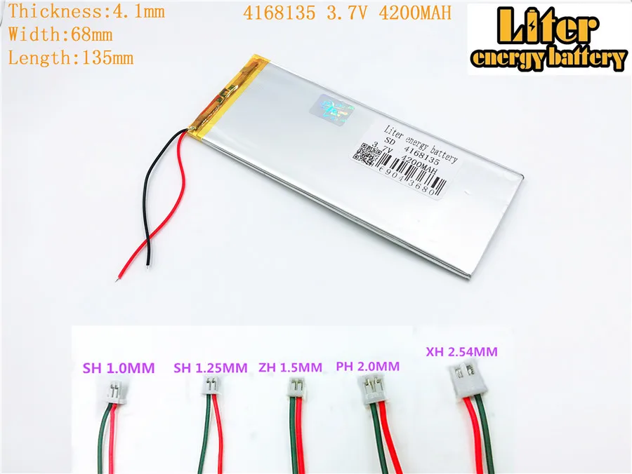 lithium polymer battery 4168135 4200mah 3.7V FOR Tablet PC polymer rechargeable battery 3.7V 4200MAH 4168135 PLUG
lithium polymer battery 4168135 4200mah 3.7V FOR Tablet PC polymer rechargeable battery 3.7V 4200MAH 4168135 PLUG