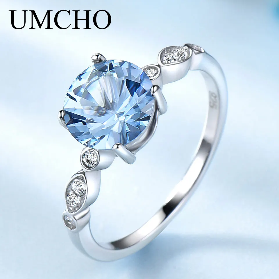 

UMCHO Sky Blue Topaz Silver Ring Female Solid 925 Sterling Silver Rings For Women Wedding Band Birthstone Aquamarine Gemstone