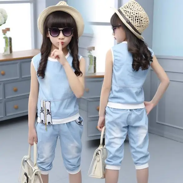 Fashion Girls Summer 2020 Clothes Sets Denim Children Sleeveless Solid T-Shirt + Pants Children Suits Girl Clothing Set For Kids
Fashion Girls Summer 2020 Clothes Sets Denim Children Sleeveless Solid T-Shirt + Pants Children Suits Girl Clothing Set For Kids