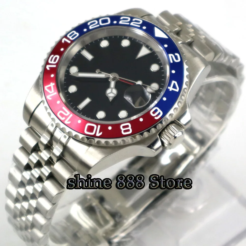 

40mm PARNIS Black Sterile Dial bezel Sapphire glass date GMT automatic mens watch