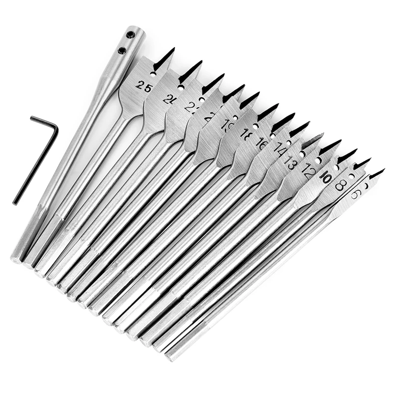 15Pcs Full Carbon Steel Hex Shank Spade Flat Wood Drill Bit Set For Metal 6-25Mm High Steel Wood Drilling Power Tools Kit
15Pcs Full Carbon Steel Hex Shank Spade Flat Wood Drill Bit Set For Metal 6-25Mm High Steel Wood Drilling Power Tools Kit