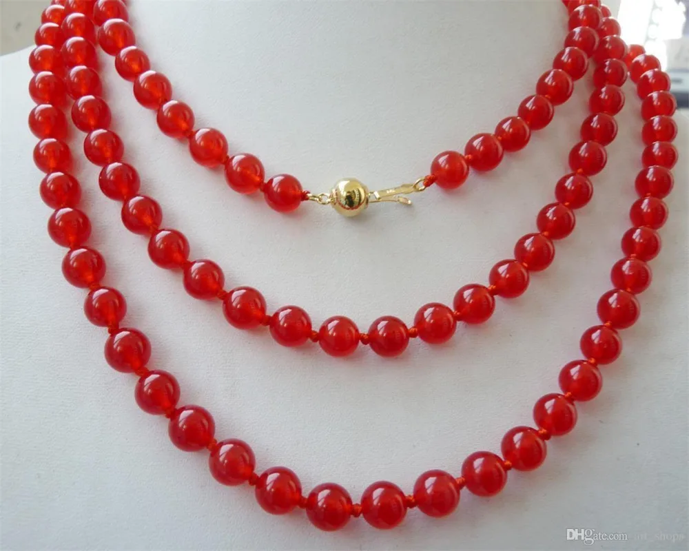 A++ Charming 8mm Natural red round necklace 50" gold clasp>>> free shipping