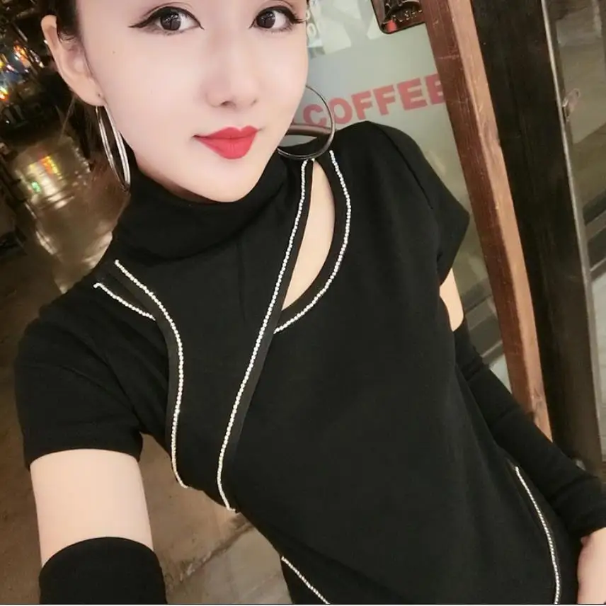 3XL Spring new fashion black turtleneck t-shirt slim diamond bottoming T-shirt tops women
3XL Spring new fashion black turtleneck t-shirt slim diamond bottoming T-shirt tops women