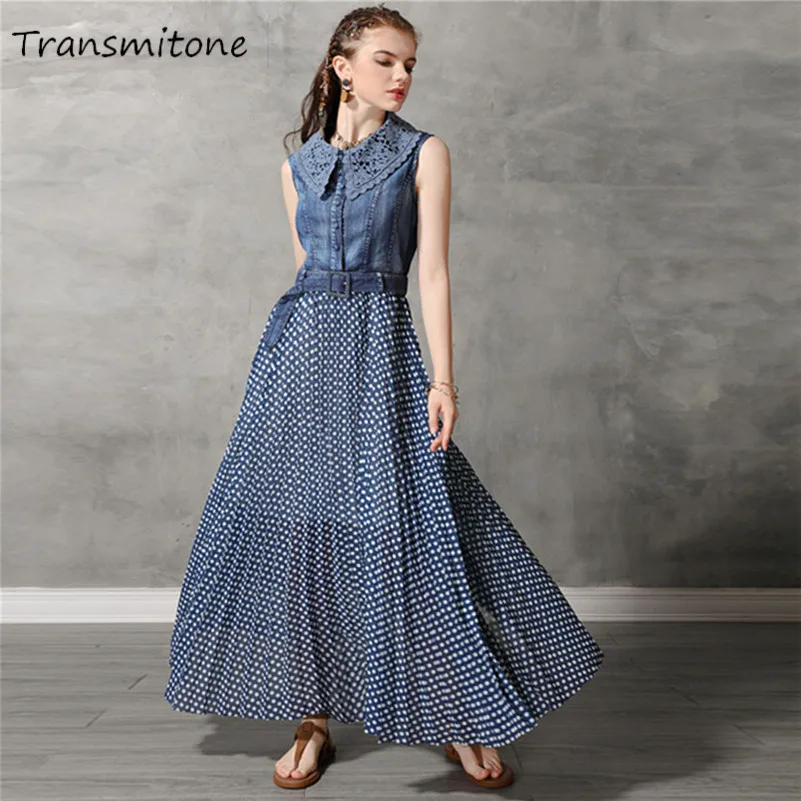 Summer Dot Woman Dress 2019 Vintage Women's Denim Dresses Sleeveless Lace Turn-down Collar Belted Chiffon Patchwork Vestido
Summer Dot Woman Dress 2019 Vintage Women's Denim Dresses Sleeveless Lace Turn-down Collar Belted Chiffon Patchwork Vestido