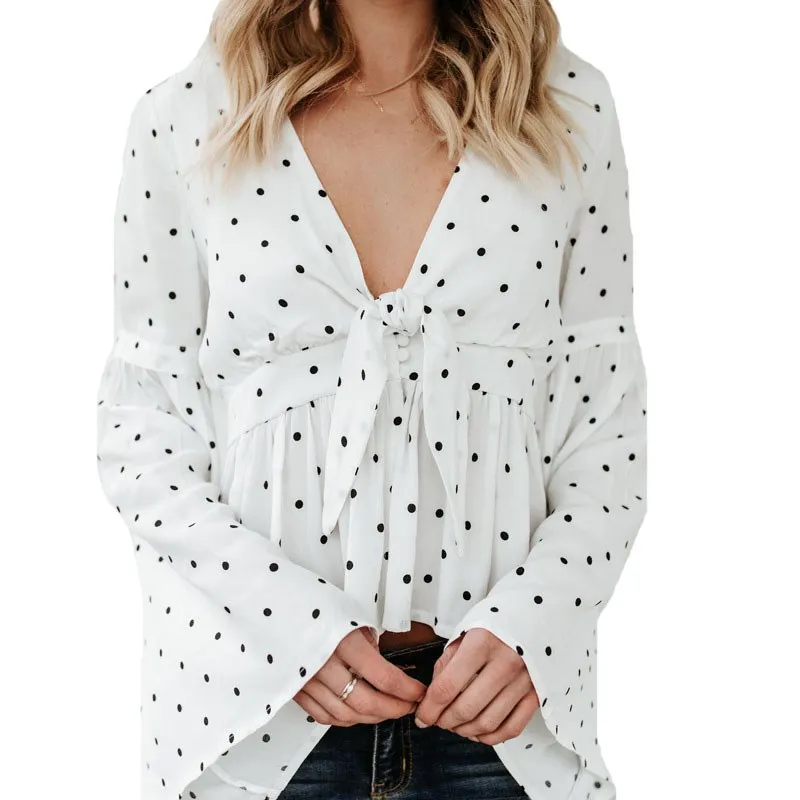 VISNXGI Flare Sleeve Polka Dots Chiffon Blouses Fashion Deep-V Collar Bow Tie Sexy Black White Blusas Streetwear Women Shirts
VISNXGI Flare Sleeve Polka Dots Chiffon Blouses Fashion Deep-V Collar Bow Tie Sexy Black White Blusas Streetwear Women Shirts